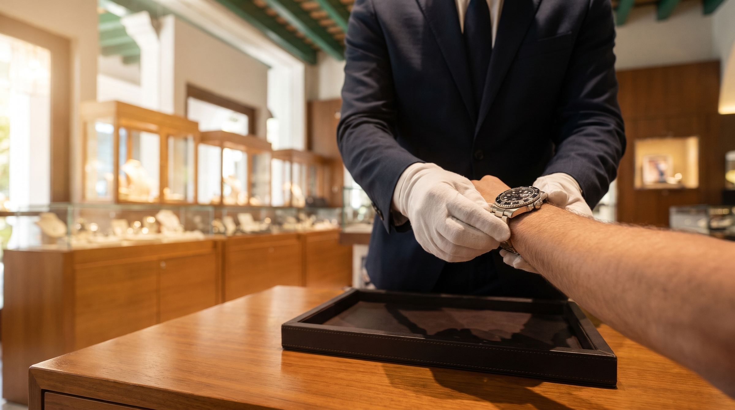 Cliente probándose un reloj en la mesa